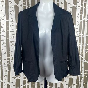 100% Linen Cropped Sleeve Open Front Blazer L Black